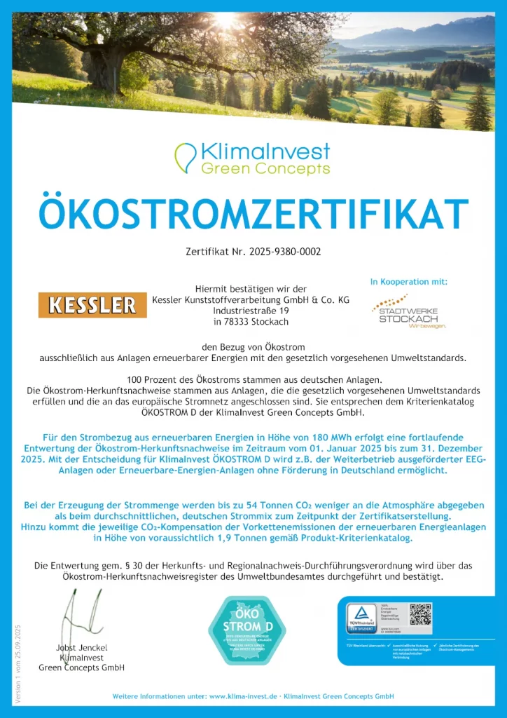 Ökostromzertifikat bescheinigt der Kessler Kunststoffverarbeitung den Bezug von Ökostrom